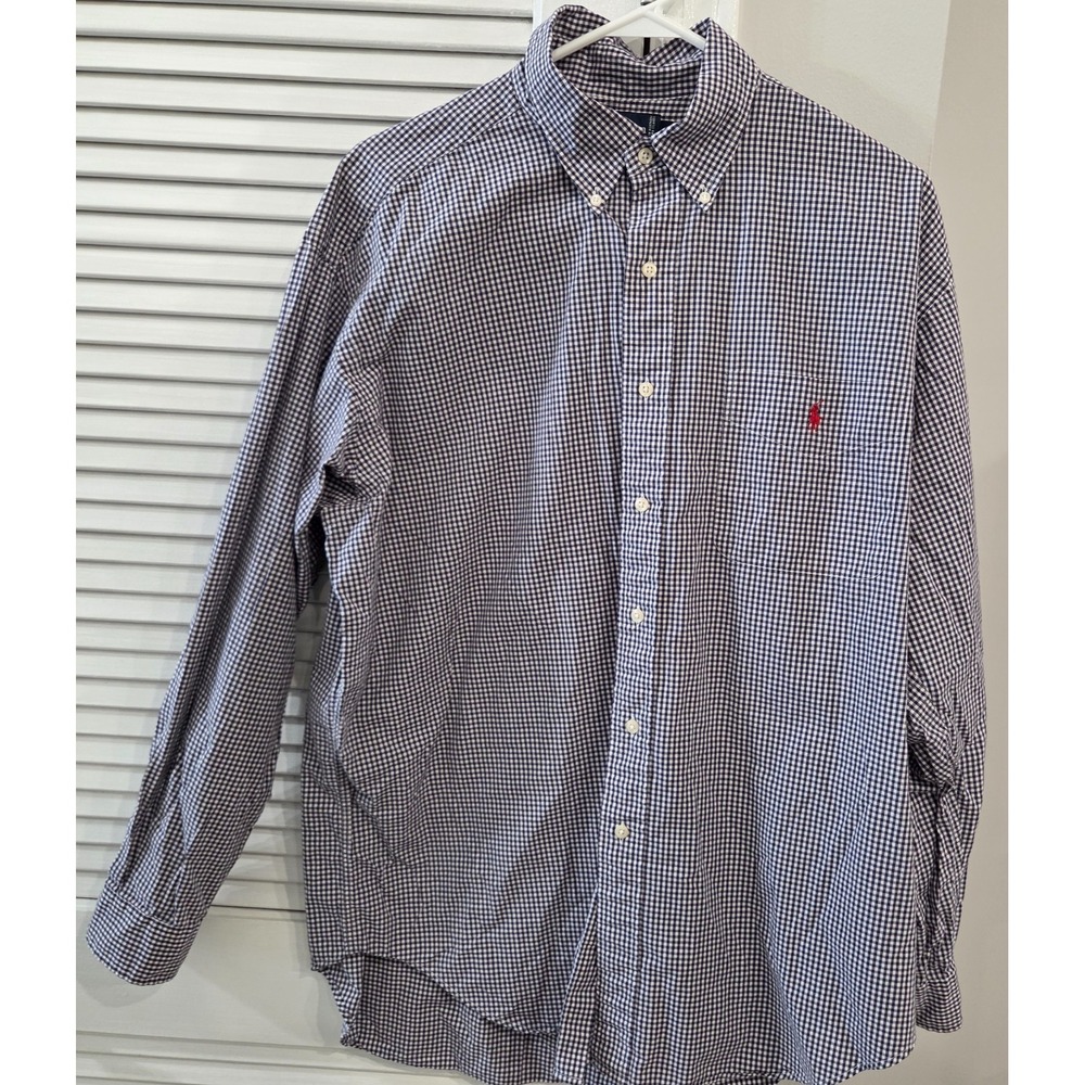 Polo Ralph Lauren Mens Navy White Gingham Long Sleeve Dress Shirt Large Blake
